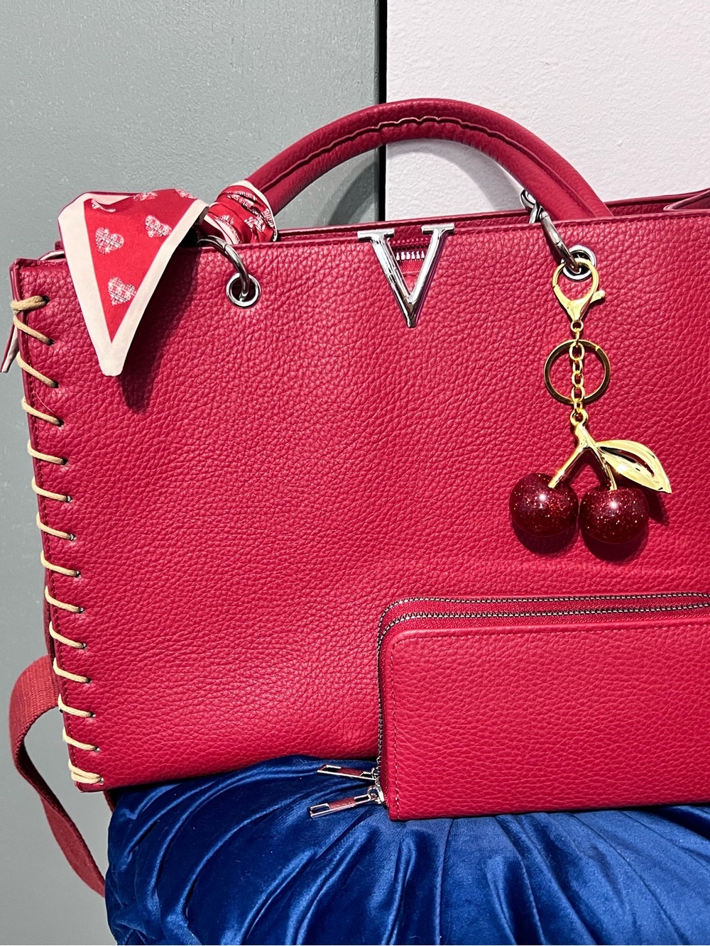Red Leather Tote Handbag with Cherry Charm and matching Wallet - Large Bag